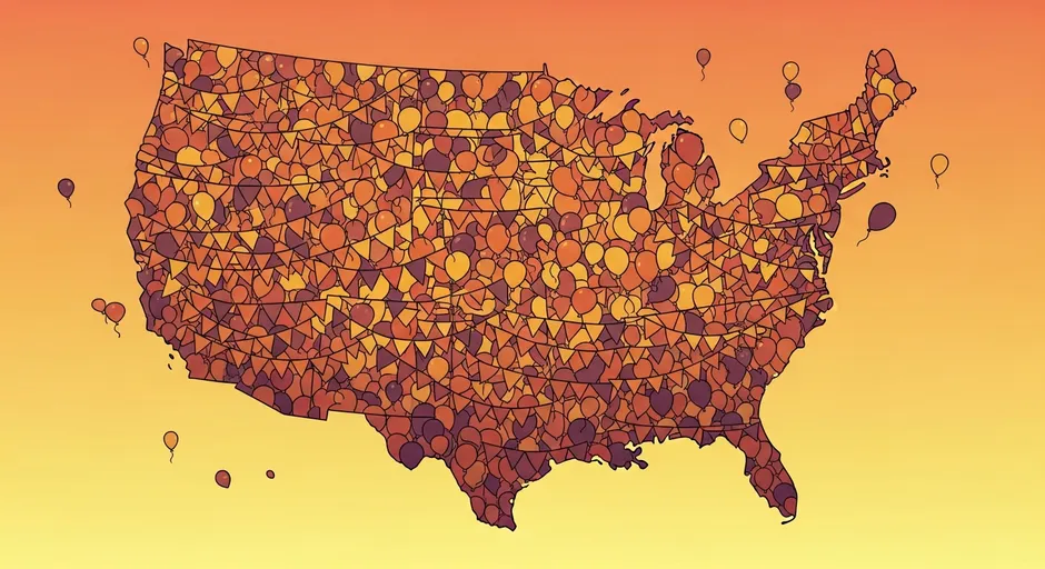 Illustrated map of the United States, representing festivals tracked nationwide on Event Almanac